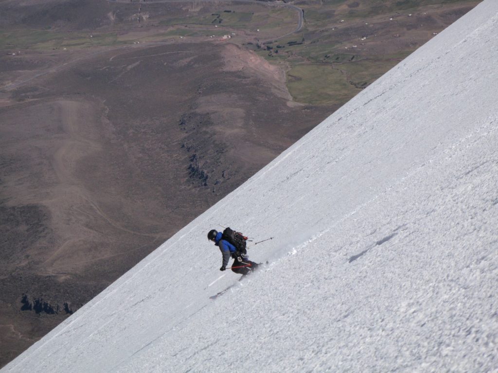 Mike Marolt skiing beneath the false summit on Chimborazo. Photo Steve Marolt
